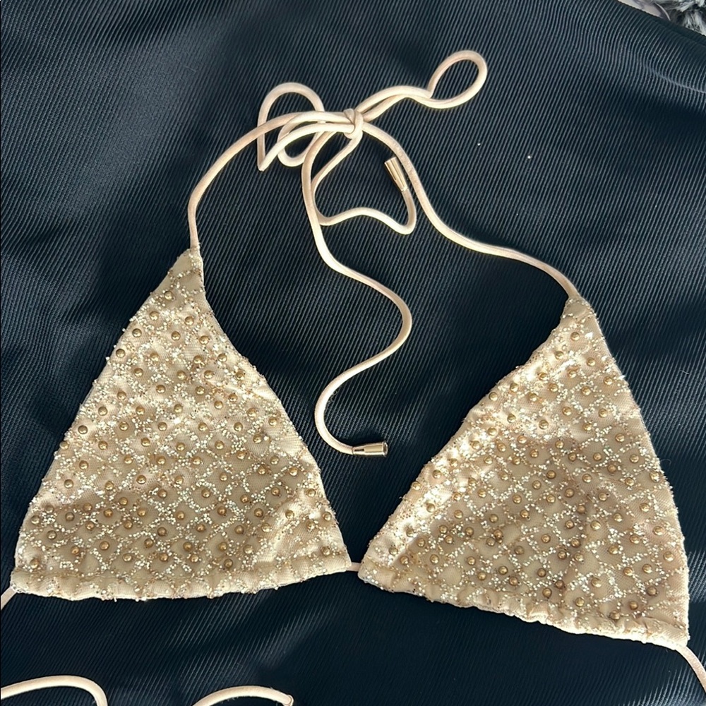 NEW Embellished Gold Glitter Beaded Cream / Tan Bikini Top oh Polly